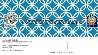 UNIVERSIDAD NACIONAL AUTONOMA DE MEXICO
ESCUELA NACIONAL DE ENFERMERIA Y OBSTETRICIA
GESTION DEL CUIDADO
PLANEACION ESTRATEGICA EN ENFERMERIA
VEGA FRAGOSO KARINA ALEJANDRA
GRUPO: 1710
MFE. CECILIA X. VITE RODRIGUEZ
CDMX 16 DE AGOSTO DE 2017
 