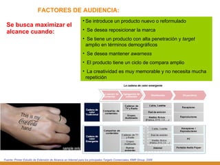 FACTORES DE AUDIENCIA: Se busca maximizar el alcance cuando: Se introduce un producto nuevo o reformulado Se desea reposicionar la marca Se tiene un producto con alta penetración y  target  amplio en términos demográficos Se desea mantener  awarness El producto tiene un ciclo de compara amplio La creatividad es muy memorable y no necesita mucha repetición Fuente: Primer Estudio de Extensión de Alcance en Internet para los principales Targets Comerciales, KMR Group, 2006 