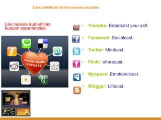 Características de los nuevos usuarios Las nuevas audiencias buscan experiencias Youtube :  Broadcast your self. Facebook:  Socialcast. Twitter :  Mindcast. Flickr:   sharecast. Myspace:   Emotionalcast. Blogger:   Lifecast. 