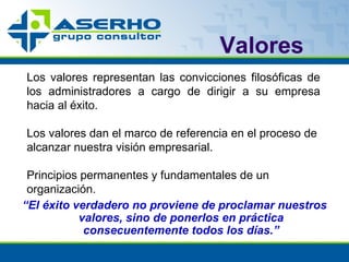 Valores “ El éxito verdadero no proviene de proclamar nuestros valores, sino de ponerlos en práctica consecuentemente todos los días.” Los valores representan las convicciones filosóficas de los administradores a cargo de dirigir a su empresa hacia al éxito.  Los valores dan el marco de referencia en el proceso de alcanzar nuestra visión empresarial. Principios permanentes y fundamentales de un organización. 