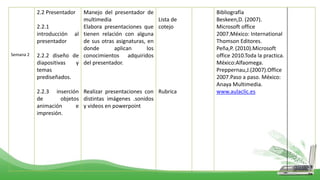 Semana 2
2.2 Presentador
2.2.1
introducción al
presentador
2.2.2 diseño de
diapositivas y
temas
prediseñados.
2.2.3 inserción
de objetos
animación e
impresión.
Manejo del presentador de
multimedia
Elabora presentaciones que
tienen relación con alguna
de sus otras asignaturas, en
donde aplican los
conocimientos adquiridos
del presentador.
Realizar presentaciones con
distintas imágenes .sonidos
y videos en powerpoint
Lista de
cotejo
Rubrica
Bibliografía
Beskeen,D. (2007).
Microsoft office
2007.México: International
Thomson Editores.
Peña,P. (2010).Microsoft
office 2010.Toda la practica.
México:Alfaomega.
Preppernau,J.(2007).Office
2007.Paso a paso. México:
Anaya Multimedia.
www.aulaclic.es
 