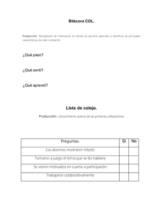 Bitácora COL. 
Producción: Recopilación de información en donde los alumnos aprendan a identificar las principales 
características de cada civilización. 
¿Qué paso? 
¿Qué sentí? 
¿Qué aprendí? 
Lista de cotejo. 
Producción: conocimiento acerca de las primeras civilizaciones 
Preguntas. Si No 
Los alumnos mostraron interés 
Tomaron a juego el tema que se les hablaría 
Se vieron motivados en cuanto a participación 
Trabajaron colaborativamente 
 