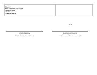 Evaluación:
INSTRUMENTOS DE EVALUACIÓN:
ESCALA ESTIMADA
RÚBRICA
ESCALA VALORATIVA
TITULAR DEL GRUPO
PROFA. MICHELLE MACIAS NIEVES
Vo.Bo.
DIRECTORA DEL PLANTEL
PROFA. MARGARITA MARAVILLA MEZA
 