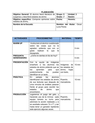 PLANEACIÓN
Objetivo General: El alumno leerá literatura de
suspenso y describirá estados de ánimo
Grupo: B
Grado: 3°
Unidad: 3
Sesión:
Objetivo específico: Compone opiniones sobre
estados de ánimo.
Fecha: Horario:
Nombre de la Escuela: Nombre del titular: Oscar
Luna Flores
ACTIVIDADES PROCEDIMIETNO MATERIAL TIEMPO
WARM UP Involucrare al alumno cuestionado
sobre las cosas que no le
agradan, pidiendo que con un
gesto realicen lo que le
desagrada.
5 min
PREGUNTA
GENERADORA
¿Cómo te sientes el día de hoy?
5 min
PRESENTACIÓN Con la ayuda de imágenes
enseñaré a los alumnos los
estados de ánimo pidiendo que se
los aprendan para que
posteriormente los puedan
identificar en un texto.
Imágenes de
los estados de
ánimo, hojas
con texto.
10 min
PRÁCTICA En parejas los alumnos
identificaran los estados de ánimo
de sus lecturas que después de
unos minutos de análisis pasaran
frente al grupo para escribir los
estados de ánimo que
encontraron.
Pizarrón,
marcadores.
10 min
PRODUCCIÓN Jugaremos el juego del gato, y
haciendo uso de la mímica cada
equipo tomara su turno para
adivinara la acción realizada y si
es acertada colocara “X o Y” y así
hasta tener un ganador repitiendo
este ejercicio algunas veces.
Pizarrón,
marcadores. 15 min
 