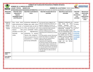 FORMATO DE PLANEACIÓN PEDAGÓGICA PRIMERA INFANCIA
NOMBRE DE LA UNIDAD DE SERVICIO:
LUGAR Y FECHA: MARZO 2018 NOMBRE DE LA ACTIVIDAD: TODOS SOMOS IGUALES
INTENCIONALIDAD PEDAGÓGICA/FORMATIVA: POTENCIAR ACTITUDES DE RESPETO VALORANDO LA IGUALDAD
Materiales
a Utilizar
Describa cómo
organizará el
espacio
pedagógico/Ambi
ente Educativo
Describa la actividad de
inicio
Describa el desarrollo de la
actividad
Describa el cierre de la
actividad
Describa
cómo
documenta
rá la
actividad
Situaciones
observadas
para el
seguimiento
a niños y
niñas
Imágenes –
ficha de
trabajo –
colores -
música
Para iniciar entre
todos colocamos las
sillas en círculo y
finalizaremos con el
espacio libre
sentados en el piso
haciendo una
ronda.
Iniciaremos realizando un
diálogo para saber cómo
amaneció cada uno de los
niños, qué desayunó, qué
otras actividades realizó,
etc. Seguidamente,
cantaremos la canción
“Buenos días amiguitos”.
Cada uno pasará a llenar la
autoasistencia a medida
que los voy nombrando.
Les mostraré varias imágenes con
niños de características diversas, un
japonés, un gordo, un churco, un
rubio, etc. Resaltando que aunque su
físico es diferente todos merecen
respeto y tienen los mismos
derechos. Reflexionamos sobre la
importancia de la tolerancia y el buen
trato.
Los niños podrán colorear libremente
la ficha de trabajo con imágenes de
niños y niñas con características
diferentes. Recordarán la
importancia de la igualdad.
Al ritmo de nuestra canción del mes,
vamos todos a bailar, trataremos de
aprenderla muy bien. Compartiremos
un rato de esparcimiento recordando
lo importante que es la amistad y el
trato por igual con cada uno de los
compañeros.
Mediante la realización de
esta ronda, los niños
podrán expresar sus
sentimientos y emociones
libremente. Evaluaré la
jornada para saber cuáles
son sus expectativas para
el día siguiente. Pediré a
los papitos que los niños
traigan el día de mañana
su juguete favorito para
compartirlo a la hora del
juego con sus demás
compañeros.
- Canción:
“Yo estoy
muy
orgulloso”
de:
https://ww
w.youtube.
com/watch
?v=3K5bBH
d4Dp8
OBSERVACI
ONES:
Firma Agente
Educativa:
 