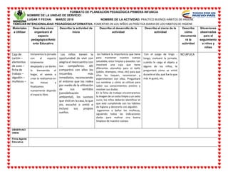 FORMATO DE PLANEACIÓN PEDAGÓGICA PRIMERA INFANCIA
NOMBRE DE LA UNIDAD DE SERVICIO:
LUGAR Y FECHA: MARZO 2018 NOMBRE DE LA ACTIVIDAD: PRACTICO BUENOS HÁBITOS DE HIGIENE
INTENCIONALIDAD PEDAGÓGICA/FORMATIVA: FOMENTAR EN LOS NIÑOS LA PRÁCTICA DIARIA DE LOS HABITOS DE HIGIENE
Materiales
a Utilizar
Describa cómo
organizará el
espacio
pedagógico/Ambi
ente Educativo
Describa la actividad de
inicio
Describa el desarrollo de la
actividad
Describa el cierre de la
actividad
Describa
cómo
documenta
rá la
actividad
Situaciones
observadas
para el
seguimiento
a niños y
niñas
Caja de
cartón –
elementos
de aseo –
ficha de
trabajo –
algodón –
muñecos –
Iniciaremos la jornada
con el espacio
totalmente
despejado y así darles
la bienvenida al
hogar, el vamos a
crear lo realizamos en
las mesas y
finalizamos
nuevamente dejando
el espacio libre.
Los niños tienen la
oportunidad de vivir con
alegría el reencuentro con
sus compañeros. Allí
compartirá con ellos los
recuerdos más
inmediatos, reconociendo
el entorno que los rodea
por medio de la utilización
de sus sentidos
(sensibilización
ambiental), los sucesos
que vivió en la casa, lo que
vio, escuchó o sintió e
incluso sus propios
sueños.
Les hablaré la importancia que tiene
para mantener nuestro cuerpo
saludable, estar limpios y aseados. Les
mostraré una caja que tiene
diferentes utensilios para el baño
(jabón, shampoo, rinse, etc) para que
ellos los toquen, reconozcan y
experimenten con ellos. Preguntaré
sus nombres y cómo se utilizan para
saber sus conocimientos previos y
resolver sus dudas.
En la ficha de trabajo encontraremos
la imagen de un osito limpio y un osito
sucio, los niños deberán identificar el
que está cumpliendo con los hábitos
de higiene y decorarlo con algodón.
Jugaremos a bañar los muñecos,
siguiendo todas las indicaciones
dadas para realizar una buena
limpieza de nuestro cuerpo.
Con el juego de tingo -
tango, evaluaré la jornada,
cuándo le caiga el objeto a
alguno de los niños, le
preguntaré cómo se sintió
durante el día, qué fue lo que
más le gustó, etc.
NO APLICA
OBSERVACI
ONES:
Firma Agente
Educativa:
 