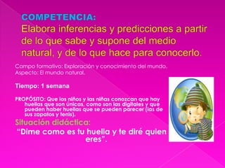 COMPETENCIA:Elabora inferencias y predicciones a partir de lo que sabe y supone del medio natural, y de lo que hace para conocerlo.Campo formativo: Exploración y conocimiento del mundo.Aspecto: El mundo natural.Tiempo: 1 semana PROPÓSITO: Que los niños y las niñas conozcan que hay huellas que son únicas, como son las digitales y que pueden haber huellas que se pueden parecer (las de sus zapatos y tenis).Situación didáctica: “Dime como es tu huella y te diré quien eres”.