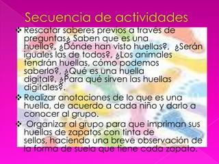 Secuencia de actividadesRescatar saberes previos a través de preguntas¿ Saben que es una huella?, ¿Dónde han visto huellas?,  ¿Serán iguales las de todos?, ¿Los animales tendrán huellas, cómo podemos saberlo?, ¿Qué es una huella digital?, ¿Para qué sirven las huellas digitales?.