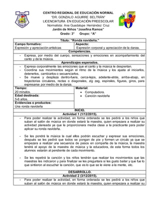 CENTRO REGIONAL DE EDUCACIÓN NORMAL
“DR. GONZALO AGUIRRE BELTRÁN”
LICENCIATURA EN EDUCACIÓN PREESCOLAR
Normalista: Ana Guadalupe Hernández Cruz
Jardín de Niños “Josefina Ramos”
Grado: 3° Grupo: “A”
Título: “Ronda navideña.”
Campo formativo:
Expresión y apreciación artísticas
Aspecto:
Expresión corporal y apreciación de la danza.
Competencias.
- Expresa, por medio del cuerpo, sensaciones y emociones en acompañamiento del
canto y de la música.
Aprendizajes esperados.
- Expresa corporalmente las emociones que el canto y la música le despiertan.
- Coordina sus movimientos según el ritmo de la música y los ajusta al iniciarlos,
detenerlos, cambiarlos o secuenciarlos.
- Se mueve y desplaza dentro-fuera, cerca-lejos, adelante-atrás, arriba-abajo, en
trayectorias circulares, rectas o diagonales, zig zag, espirales, figuras, giros, para
expresarse por medio de la danza.
Tiempo:
20 minutos.
Material:
 Computadora.
 Canción navideñaEdad destinada:
5-6 años.
Evidencias o productos:
Una ronda navideña
INICIO.
Actividad 1 (1/12/2015).
- Para poder realizar la actividad, en forma ordenada se les pedirá a los niños que
suban al salón de música en donde estará la maestra, quien empezara a realizar su
actividad planeada ya que le proporcionara media clase a la practicante para poder
aplicar su ronda navideña.
- Se les pondrá la música la cual ellos podrán escuchar y expresar sus emociones,
después se les pedirá que todos se pongan de pie y formen un circulo ya que se
empezara a realizar una secuencia de pasos en compañía de la música, la maestra
tendrá el apoyo de la maestra de música y la educadora, de esta forma todos los
alumnos estarán al pendiente de cada movimiento.
- Se les repetirá la canción y los niños tendrán que realizar los movimientos que las
maestras les indicaron y para finalizar se les preguntara si les gusto bailar y que fue lo
que sintieron al escuchar la canción, que es lo que se le viene a la mente, etc.
DESARROLLO.
Actividad 2 (3/12/2015).
- Para poder realizar la actividad, en forma ordenada se les pedirá a los niños que
suban al salón de música en donde estará la maestra, quien empezara a realizar su
 