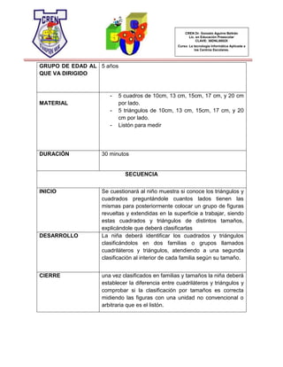 CREN Dr. Gonzalo Aguirre Beltrán
Lic. en Educación Preescolar
CLAVE: 30DNL0002X
Curso: La tecnología Informática Aplicada a
los Centros Escolares.
GRUPO DE EDAD AL
QUE VA DIRIGIDO
5 años
MATERIAL
- 5 cuadros de 10cm, 13 cm, 15cm, 17 cm, y 20 cm
por lado.
- 5 triángulos de 10cm, 13 cm, 15cm, 17 cm, y 20
cm por lado.
- Listón para medir
DURACIÓN 30 minutos
SECUENCIA
INICIO Se cuestionará al niño muestra si conoce los triángulos y
cuadrados preguntándole cuantos lados tienen las
mismas para posteriormente colocar un grupo de figuras
revueltas y extendidas en la superficie a trabajar, siendo
estas cuadrados y triángulos de distintos tamaños,
explicándole que deberá clasificarlas
DESARROLLO La niña deberá identificar los cuadrados y triángulos
clasificándolos en dos familias o grupos llamados
cuadriláteros y triángulos, atendiendo a una segunda
clasificación al interior de cada familia según su tamaño.
CIERRE una vez clasificados en familias y tamaños la niña deberá
establecer la diferencia entre cuadriláteros y triángulos y
comprobar si la clasificación por tamaños es correcta
midiendo las figuras con una unidad no convencional o
arbitraria que es el listón.
 
