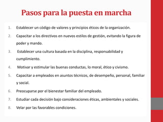 Pasos para la puesta en marcha
1. Establecer un código de valores y principios éticos de la organización.
2. Capacitar a los directivos en nuevos estilos de gestión, evitando la figura de
poder y mando.
3. Establecer una cultura basada en la disciplina, responsabilidad y
cumplimiento.
4. Motivar y estimular las buenas conductas, lo moral, ético y civismo.
5. Capacitar a empleados en asuntos técnicos, de desempeño, personal, familiar
y social.
6. Preocuparse por el bienestar familiar del empleado.
7. Estudiar cada decisión bajo consideraciones éticas, ambientales y sociales.
8. Velar por las favorables condiciones.
 