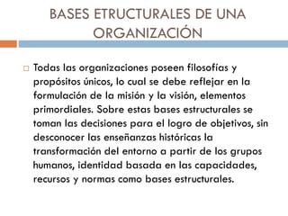 BASES ETRUCTURALES DE UNA
ORGANIZACIÓN
 Todas las organizaciones poseen filosofías y
propósitos únicos, lo cual se debe reflejar en la
formulación de la misión y la visión, elementos
primordiales. Sobre estas bases estructurales se
toman las decisiones para el logro de objetivos, sin
desconocer las enseñanzas históricas la
transformación del entorno a partir de los grupos
humanos, identidad basada en las capacidades,
recursos y normas como bases estructurales.
 