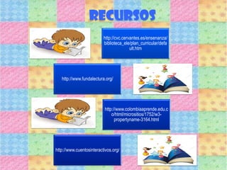 RECURSOS
http://cvc.cervantes.es/ensenanza/
biblioteca_ele/plan_curricular/defa
ult.htm
http://www.fundalectura.org/
http://www.colombiaaprende.edu.c
o/html/micrositios/1752/w3-
propertyname-3164.html
http://www.cuentosinteractivos.org/
 