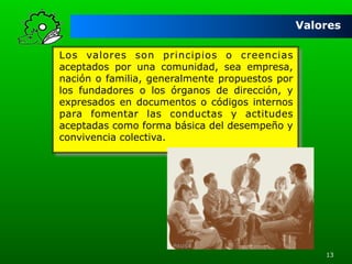 Valores
Los valores son principios o creencias
aceptados por una comunidad, sea empresa,
nación o familia, generalmente propuestos por
los fundadores o los órganos de dirección, y
expresados en documentos o códigos internos
para fomentar las conductas y actitudes
aceptadas como forma básica del desempeño y
convivencia colectiva.

13

 