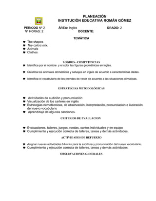 PLANEACIÒN
INSTITUCIÒN EDUCATIVA ROMÁN GÓMEZ
PERIODO Nº 2 ÀREA: Inglés GRADO: 2
Nº HORAS: 2 DOCENTE:
TEMÀTICA
 The shapes
 The colors mix.
 Animals
 Clothes
LOGROS - COMPETENCIAS
 Identifica por el nombre y el color las figuras geométricas en inglés.
 Clasifica los animales domésticos y salvajes en inglés de acuerdo a características dadas.
 Identifica el vocabulario de las prendas de vestir de acuerdo a las situaciones climáticas.
ESTRATEGIAS METODOLÒGICAS
 Actividades de audición y pronunciación
 Visualización de los carteles en inglés
 Estrategias nemotécnicas, de observación, interpretación, pronunciación e ilustración
del nuevo vocabulario
 Aprendizaje de algunas canciones.
CRITERIOS DE EVALUACION
 Evaluaciones, talleres, juegos, rondas, cantos individuales y en equipo
 Cumplimiento y ejecución correcta de talleres, tareas y demás actividades.
ACTIVIDADES DE REFUERZO
 Asignar nuevas actividades básicas para la escritura y pronunciación del nuevo vocabulario.
 Cumplimiento y ejecución correcta de talleres, tareas y demás actividades
OBSERVACIONES GENERALES
 