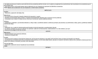 - Se realiza una lectura en colectivo acerca del tema de los ecosistemas del libro de texto; en el cuaderno se registrarán las características más importantes de los ecosistemas que el
libro de texto dicta.
- Daré instrucciones y se formarán equipos para la elaboración de una maqueta que represente los diferentes ecosistemas.
Tarea:Material para la elaboración de una maqueta de un determinado ecosistema.
MIÉRCOLES
Español:
- Realización y exposición del trabajo final.
Matemáticas:
- ECP acerca de las divisiones mediante problemas de agrupación y reparto.
- Solicitaré a los educandos pasen al frente y muestres los procedimientos utilizados para la resolución de los problemas.
- Comprobaré si aún utilizan el método formal o informal al momento de resolver problemas divisivos.
Artísticas:
- Explotando la creatividad. Los discentes realizarán un dibujo a lápiz; se pretende explotar el potencial que tienen para expresar sus sentimientos o ideas, gustos o problemas mediante
la técnica del dibujo.
F.C.E.:
- Elaboración de un cuadro de retos/acuerdos para fomentar la toma de decisiones y acuerdos dentro del aula.
- En colectivo solicitaré a los alumnos externen sus opiniones cuales de los retos/acuerdos, implementarían en su vida cotidiana y por qué.
- Resolución de la página 60 del libro de texto.
JUEVES
Matemáticas:
- Retroalimentación de las sesiones anteriores.
- Resolución del desafío #40
Español:
- ECP acerca de los poemas; se buscará de manera oral, que los alumnos expresen lo que saben acerca del tema, esto con apoyo de preguntas que realizaré.
- Comenzaré con el muestreo acerca de la composición de los poemas y el cómo estos deben leerse, para ello en el pizarrón escribiré un poema corto y solicitaré a diversos alumnos lo
intenten leer dándole la entonación que ellos creen adecuadas.
Ciencias Naturales:
- Elaboración y exposición de las maquetas de los ecosistemas.
Tarea:
VIERNES
 