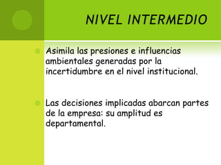NIVEL INTERMEDIOAsimila las presiones e influencias ambientales generadas por la incertidumbre en el nivel institucional.Las decisiones implicadas abarcan partes de la empresa: su amplitud es departamental. 