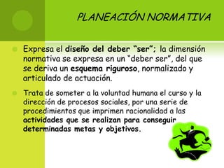 PLANEACIÓN NORMATIVAExpresa el diseño del deber “ser”; la dimensión normativa se expresa en un “deber ser”, del que se deriva un esquema riguroso, normalizado y articulado de actuación.Trata de someter a la voluntad humana el curso y la dirección de procesos sociales, por una serie de procedimientos que imprimen racionalidad a las actividades que se realizan para conseguir determinadas metas y objetivos. 