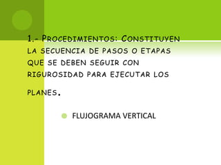 1.- Procedimientos: Constituyen la secuencia de pasos o etapas que se deben seguir con rigurosidad para ejecutar los planes.FLUJOGRAMA VERTICAL