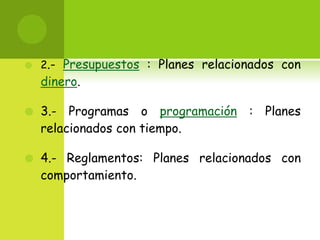 2.- Presupuestos : Planes relacionados con dinero.3.- Programas o programación : Planes relacionados con tiempo.4.- Reglamentos: Planes relacionados con comportamiento.