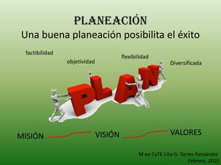PLANEACIÓN
Una buena planeación posibilita el éxito
factibilidad
objetividad
flexibilidad
Diversificada
MISIÓN VISIÓN VALORES
M en CyTE Lilia G. Torres Fernández
Febrero, 2015
 