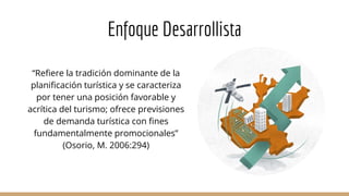“Refiere la tradición dominante de la
planificación turística y se caracteriza
por tener una posición favorable y
acrítica del turismo; ofrece previsiones
de demanda turística con fines
fundamentalmente promocionales”
(Osorio, M. 2006:294)
Enfoque Desarrollista
 