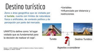 Destino turístico
Zona o área geográfica que es visitada por
el turista, cuenta con límites de naturaleza
física o artificiales, de contexto político y de
percepción por parte del mercado.
UNWTO lo define como “el lugar
visitado que es fundamental para
la decisión de realizar el viaje”.
•Variables
•Influenciado por distancia y
restricciones
Ejarque, J. (2016). Marketing y gestión de destinos turísticos: Nuevos modelos y
estrategias 2.0. Madrid: Pirámide
 