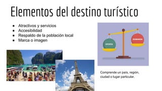 Elementos del destino turístico
● Atractivos y servicios
● Accesibilidad
● Respaldo de la población local
● Marca o imagen
Comprende un país, región,
ciudad o lugar particular.
 
