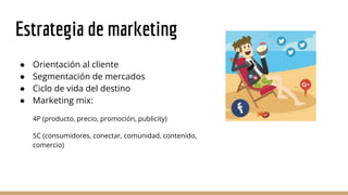 Estrategia de marketing
● Orientación al cliente
● Segmentación de mercados
● Ciclo de vida del destino
● Marketing mix:
4P (producto, precio, promoción, publicity)
5C (consumidores, conectar, comunidad, contenido,
comercio)
 