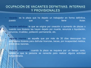 •

Vacante: es la plaza que ha dejado un trabajador en forma definitiva,
puesto
que
no
tiene
titular.

•

Vacante definitiva: la que se origina por creación o aumento de plazas o
cuando sus titulares las hayan dejado por muerte, renuncia o liquidación,
renuncia, invalidez, jubilación permanente, etc.

•

Vacante interina: es aquella que por más de 30 días desocupan los
empleados titulares para disfrutar licencias, becas, por incapacidad médica,
entre otras razones.

•

Vacante provisional: cuando la plaza se requiera por un tiempo corto,
debido a que la persona se nenecita para realizar alguna actividad
extraordinaria.

 