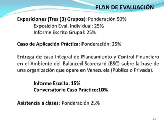 24
Exposiciones (Tres (3) Grupos): Ponderación 50%
Exposición Eval. Individual: 25%
Informe Escrito Grupal: 25%
Caso de Aplicación Práctica: Ponderación: 25%
Entrega de caso Integral de Planeamiento y Control Financiero
en el Ambiente del Balanced Scorecard (BSC) sobre la base de
una organización que opere en Venezuela (Pública o Privada).
Informe Escrito: 15%
Conversatorio Caso Práctico:10%
Asistencia a clases: Ponderación 25%
PLAN DE EVALUACIÓN
 