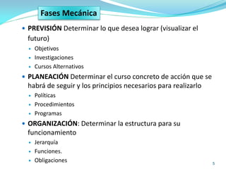 5
 PREVISIÓN Determinar lo que desea lograr (visualizar el
futuro)
 Objetivos
 Investigaciones
 Cursos Alternativos
 PLANEACIÓN Determinar el curso concreto de acción que se
habrá de seguir y los principios necesarios para realizarlo
 Políticas
 Procedimientos
 Programas
 ORGANIZACIÓN: Determinar la estructura para su
funcionamiento
 Jerarquía
 Funciones.
 Obligaciones
Fases Mecánica
 
