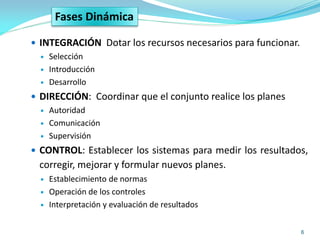 6
 INTEGRACIÓN Dotar los recursos necesarios para funcionar.
 Selección
 Introducción
 Desarrollo
 DIRECCIÓN: Coordinar que el conjunto realice los planes
 Autoridad
 Comunicación
 Supervisión
 CONTROL: Establecer los sistemas para medir los resultados,
corregir, mejorar y formular nuevos planes.
 Establecimiento de normas
 Operación de los controles
 Interpretación y evaluación de resultados
Fases Dinámica
 