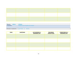Bloque:    (Núm)          (Título)
Propósito:                Redacción del Propósito del módulo


Periodo de realización:   (del M/D/A   al   M/D/A)



      TEMA                  SUBTEMAS                     ACTIVIDADES A    RECURSOS    COMPETENCIA A
                                                         DESARROLLAR     DIDÁCTICOS    DESARROLLAR




                                                                 11
 