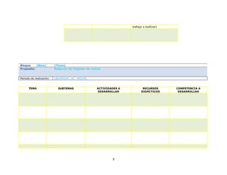 trabajo a realizar)




Bloque:    (Núm)          (Título)
Propósito:                Redacción del Propósito del módulo


Periodo de realización:   (del M/D/A   al   M/D/A)


      TEMA                  SUBTEMAS                     ACTIVIDADES A          RECURSOS       COMPETENCIA A
                                                         DESARROLLAR           DIDÁCTICOS       DESARROLLAR




                                                                 9
 