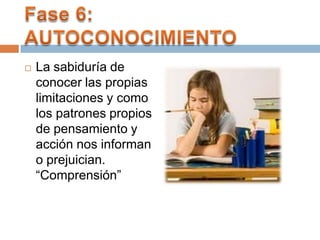    La sabiduría de
    conocer las propias
    limitaciones y como
    los patrones propios
    de pensamiento y
    acción nos informan
    o prejuician.
    “Comprensión”
 