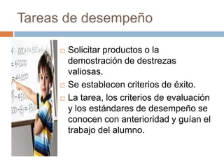 Tareas de desempeño

         Solicitar productos o la
          demostración de destrezas
          valiosas.
         Se establecen criterios de éxito.
         La tarea, los criterios de evaluación
          y los estándares de desempeño se
          conocen con anterioridad y guían el
          trabajo del alumno.
 