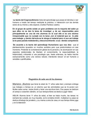 PR-TS-01-F2
La teoría del Cognoscitivismo trata del aprendizaje que posee el individuo o ser
humano a través del tiempo mediante la práctica, o interacción con los demás
seres de su misma u otra especie. (Carlos Pacheco castro).
En el grupo de quinto existe un gran problema con la mayoría del salón ya
que ellos no se dan la tarea de investigar ,y de ser responsables pero
principalmente es una de mis alumnas en la cual ella si es una alumna
irresponsable que no cumple con la tarea ,con el material que se le pide
para trabajar ,y dentro del aula se le otorga el material pero ni aun así trabaja
se la pasa parada molestando y desconcentrando a sus demás compañeros
De acuerdo a la teoría del aprendizaje Humanismo que nos dice que el
planteamientos opuestos en muchos sentidos pero que predominaban en ese
momento. Pretende la consideración global de la persona y la acentuación en sus
aspectos existenciales (la libertad, el conocimiento, la responsabilidad, la
historicidad), criticando a una psicología que, hasta entonces, se había inscrito
exclusivamente como una ciencia natural, intentando reducir al ser humano a
variables cuantificables.
Diagnóstico de cada uno de los alumnos:
Mariano: Alumno que tiene la edad de 11 años sabe leer y siempre entrega
sus trabajos a tiempo es un alumno que las actividades que se le ponen son
fáciles sabe sumar, restar,dividir,y tiene una escritura bien. Sus papas se dedican
al campo a cosechar cilandro, en sus tiempos libres se dedica a jugar futbol.
AISLIN: Alumna tiene 11 años de edad, al leer se traba mucho, las tareas no
siempre las cumple, es muy inquieta, se le complica dividir, multiplicar su papa se
dedica al trabajo de jornalero, y su mama a ama de casa, en sus tiempo libres juga
y ve la televisión
 