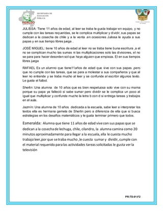 PR-TS-01-F2
JULISSA: Tiene 11 años de edad, al leer se traba le gusta trabajar en equipo, y no
cumple con las tareas requeridas, se le complica multiplicar y dividir, sus papas se
dedican a la cosecha de chile y a la venta .en ocasiones Julissa le ayuda a sus
papas y en sus tiempo libres juega .
JOSÉ MIGUEL: tiene 10 años de edad al leer no se traba tiene buna escritura ,a el
no se complican mucho las sumas ni las multiplicaciones solo las divisiones, el no
se para para hacer desorden sol que haya alguien que empieza. El en sus tiempos
libres juega
RAFAEL Es un alumno que tiene11años de edad que vive con sus papas ,pero
que no cumple con las tareas, que se para a molestar a sus compañeros y que al
leer no entiende y se traba mucho al leer y se confunde al escribir algunos texto.
Le gusta el futbol.
Sherlin :Una alumna de 10 años que es bien respetuosa solo vive con su mama
porque su papa ya falleció si sabe sumar pero dividir se le complica un poco al
igual que multiplicar y confunde mucho la letra b con d si entrega tareas y trabajos
en el aula.
Jazmín: Una alumna de 10 años dedicada a la escuela, sabe leer e interpretar los
textos ella es hermana gemela de Sherlin pero a diferencia de ella que si busca
estrategias en los desafíos matemáticos y le gusta terminar primero que todos.
Esmeralda: Alumna que tiene 11 años de edad vivecon sus papas que se
dedican a la cosecha de lechuga, chile, cilandro, la alumna camina como 20
minutos aproximadamente para llegar a la escuela, ella le cuesta mucho
trabajo leer,por que setraba mucho ,le cuesta sumar y dividir, cumple con
el material requerido para las actividades tareas solicitadas le gusta ver la
televisión
 