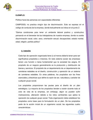 Universidad Nacional de Trujillo
Facultad de Ciencias Sociales
_____________________Escuela Profesional de Trabajo Social___________________

EJEMPLO:
Política hacia las personas con capacidades diferentes
CAMPOSOL no practica ningún tipo de discriminación. Esto se expresa en el
código de conducta de la empresa, donde textualmente se indica en el punto 2:
“Damos condiciones para tener un ambiente laboral positivo y constructivo
pensando en el bienestar de los trabajadores de nuestra empresa, donde no exista
discriminación racial, color, sexo, orientación sexual, discapacidad, estado marital,
edad, religión, partido político”

5.2 MISIÓN
Cada tipo de operación organizada tiene (o al menos debería tener para ser
significativa) propósitos o misiones. En todo sistema social, las empresas
tienen una función o tarea fundamental que la sociedad les asigna. El
propósito de un negocio generalmente es la producción y distribución de
bienes y servicios. El propósito de un departamento de un departamento de
carreteras estatales es el diseño, construcción y operación de un sistema
de carreteras estatales. En otras palabras, los propósitos son los fines
esenciales y directrices que define la razón de ser, naturaleza y carácter de
cualquier grupo social.
Los propósitos proporcionan las pautas para el diseño de un plan
estratégico. La mayoría de los propósitos tienden a existir durante todo el
ciclo de vida de la empresa, sin embargo, algún os pueden sufrir
medicaciones, alteración debido a los retos cambiantes que aplica la
operación de cualquier grupo social. Toda organización debe establecer los
propósitos como base para la formulación de un plan. De los propósitos
parte de la acción inicial de un organismo social; las siguientes cuatro
características:

14
ADMINISTRACION EN TRABAJO
SOCIALSOCIAL

 