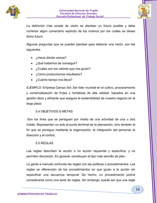 Universidad Nacional de Trujillo
Facultad de Ciencias Sociales
_____________________Escuela Profesional de Trabajo Social___________________

La definición más simple de visión es plantear un futuro posible y debe
contener algún comentario explícito de los motivos por los cuales se desea
dicho futuro:
Algunas preguntas que se pueden plantear para elaborar una visión, son las
siguientes
¿Hacia dónde vamos?
¿Qué trabamos de conseguir?
¿Cuáles son los valores que nos guían?
¿Cómo produciremos resultados?
¿Cuánto tiempo nos lleva?
EJEMPLO: Empresa Campo Sol: Ser líder mundial en el cultivo, procesamiento
y comercialización de frutas y hortalizas de alta calidad, basados en una
gestión ética y eficiente que asegure la sostenibilidad de nuestro negocio en el
largo plazo
5.4 OBJETIVOS O METAS
Son los fines que se persiguen por medio de una actividad de una u otra
índole. Representan no solo el punto terminal de la planeación, sino también el
fin que se persigue mediante la organización, la integración del personal, la
dirección y el control.
5.5 REGLAS
Las reglas describen la acción o no acción requerida y específica, y no
permiten discreción. En general, constituyen el tipo más sencillo de plan.
La gente a menudo confunde las reglas con las políticas o procedimientos. Las
reglas se diferencian de los procedimientos en que guían a la acción sin
especificar una secuencia temporal. De hecho, un procedimiento podría
considerarse como una serie de reglas. Sin embargo, puede ser que una regla

16
ADMINISTRACION EN TRABAJO
SOCIALSOCIAL

 