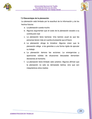 Universidad Nacional de Trujillo
Facultad de Ciencias Sociales
_____________________Escuela Profesional de Trabajo Social___________________

7.2 Desventajas de la planeación
La planeación está limitada por la exactitud de la información y de los
hechos futuros:
a. La planeación cuesta mucho
b. Algunos argumentan que el costo de la planeación excede a su
contribución real
c. La planeación tiene barreras: Una barrera usual es que las
personas tienen más en cuenta el presente que el futuro
d. La planeación ahoga la iniciativa: Algunos creen que la
planeación obliga a los gerentes a una forma rígida de ejecutar
su trabajo
e. La planeación demora las acciones: La emergencias y
apariciones

súbitas

de

situaciones

desusadas

demandan

decisiones al momento.
f. La planeación tiene limitado valor práctico: Algunos afirman que
la planeación no solo es demasiado teórica, sino que son
másprácticos otros medios

24
ADMINISTRACION EN TRABAJO
SOCIALSOCIAL

 