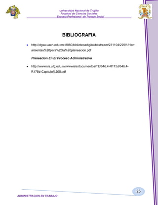 Universidad Nacional de Trujillo
Facultad de Ciencias Sociales
_____________________Escuela Profesional de Trabajo Social___________________

BIBLIOGRAFIA
http://dgsa.uaeh.edu.mx:8080/bibliotecadigital/bitstream/231104/225/1/Herr
amientas%20para%20la%20planeacion.pdf
Planeación En El Proceso Administrativo
http://wwwisis.ufg.edu.sv/wwwisis/documentos/TE/646.4-R175d/646.4R175d-Capitulo%20II.pdf

25
ADMINISTRACION EN TRABAJO
SOCIALSOCIAL

 