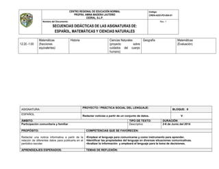 CENTRO REGIONAL DE EDUCACIÓN NORMAL
PROFRA. AMINA MADERA LAUTERIO
CEDRAL, S.L.P.
Código:
CREN-ADO-PO-004-01
Nombre del Documento:
SECUENCIAS DIDÁCTICAS DE LAS ASIGNATURAS DE:
ESPAÑOL, MATEMÁTICAS Y CIENCIAS NATURALES
Rev. 1
12:20 -1:00
Matemáticas
(fracciones
equivalentes)
Historia Ciencias Naturales
(proyecto sobre
cuidados del cuerpo
humano)
Geografía Matemáticas
(Evaluación)
ASIGNATURA:
PROYECTO / PRÁCTICA SOCIAL DEL LENGUAJE:
BLOQUE: II
ESPAÑOL
Redactar noticias a partir de un conjunto de datos. V
ÁMBITO: TIPO DE TEXTO: DURACIÓN:
Participación comunitaria y familiar Descriptivo 2-6 de Junio del 2014
PROPÓSITO: COMPETENCIAS QUE SE FAVORECEN:
Redactar una noticia informativa a partir de la
relación de diferentes datos para publicarla en el
periódico escolar.
•Emplear el lenguaje para comunicarse y como instrumento para aprender.
•Identificar las propiedades del lenguaje en diversas situaciones comunicativas.
•Analizar la información y empleará el lenguaje para la toma de decisiones.
APRENDIZAJES ESPERADOS: TEMAS DE REFLEXIÓN:
 