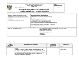 CENTRO REGIONAL DE EDUCACIÓN NORMAL
PROFRA. AMINA MADERA LAUTERIO
CEDRAL, S.L.P.
Código:
CREN-ADO-PO-004-01
Nombre del Documento:
SECUENCIAS DIDÁCTICAS DE LAS ASIGNATURAS DE:
ESPAÑOL, MATEMÁTICAS Y CIENCIAS NATURALES
Rev. 1
• Identifica los datos incluidos en una nota
periodística (sucesos y agentes involucrados).
•Jerarquiza la información al redactar una nota
periodística.
•Redacta notas periodísticas breves.
Búsqueda y manejo de información.
•Información que aporta las notas periodísticas.
Propiedades y tipos de textos.
•Estructura y función de las notas periodística
•Organización en forma de pirámide inversa.
•Uso de tercera persona para redactar notas periodísticas.
Conocimiento del sistema de escritura y ortografía.
• Uso de mayúsculas, comas.
•Ortografía.
FUENTES BIBLIOGRÁFICAS: MATERIAL DIDÁCTICO, AUDIOVISUAL – INTERACTIVO:
Lámina de pirámide invertida
Tarjetones con las interrogantes.
Lámina de la tercera persona.
Televisión.
Sopa de letras
TIEMPO
ESTIMADO
ESTRATEGIAS Y ACTIVIDADES RECURSOS
DIDÁCTICOS
PRODUCTO
SESIÓN 1. FECHA: 02 de Junio de 2014
INICIO
Comenzar la clase con una lluvia de ideas, cuestionando al grupo las
siguientes preguntas ¿Conocen las noticias?, ¿para qué sirven?, ¿en qué
medios aparecen?, después de escuchar todas las respuestas donde todos
los alumnos dieron sus opiniones, de forma grupal se realizara una
conclusión sobre que son las “noticias”.
Lista de cotejo
 