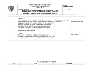 CENTRO REGIONAL DE EDUCACIÓN NORMAL
PROFRA. AMINA MADERA LAUTERIO
CEDRAL, S.L.P.
Código:
CREN-ADO-PO-004-01
Nombre del Documento:
SECUENCIAS DIDÁCTICAS DE LAS ASIGNATURAS DE:
ESPAÑOL, MATEMÁTICAS Y CIENCIAS NATURALES
Rev. 1
DESARROLLO
Pedir a los alumnos ubicarse en la página 148 de su libro de texto de
español. Se efectuará el juego de la papa caliente, después de un momento
de jugar quien se quede con la papa dará lectura en voz alta de lo que en el
libro dice el apartado de “las noticias”. Posteriormente expondremos la
pirámide invertida que utilizan los reporteros al redactar las noticias.
Para así pedir a los alumnos que escriban una noticia que recuerden
basándose en lo ya explicado de la pirámide invertida, marcando de
diferente color las partes importantes.
CIERRE
Con el uso de una tómbola, se elegirá a un alumno que participará
exponiendo o compartiendo su producción de noticia al resto del grupo. Para
así corregir y explicar en caso de que no allá tomado en cuenta la pirámide.
Lámina de pirámide invertida
Libro de texto Noticia escrita en la libreta.
Lista de cotejo
PLANEACIÓN DE MATEMÁTICAS
EJE TEMA CONTENIDO
 