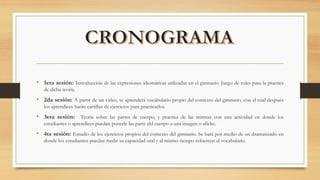 • 1era sesión: Introducción de las expresiones idiomáticas utilizadas en el gimnasio. Juego de roles para la practica
de dicha teoría.
• 2da sesión: A partir de un video, se aprenderá vocabulario propio del contexto del gimnasio, con el cual después
los aprendices harán cartillas de ejercicios para practicarlos.
• 3era sesión: Teoría sobre las partes de cuerpo, y practica de las mismas con una actividad en donde los
estudiantes o aprendices puedan ponerle las parte del cuerpo a una imagen o afiche.
• 4ta sesión: Estudio de los ejercicios propios del contexto del gimnasio. Se hará por medio de un dramatizado en
donde los estudiantes puedan medir su capacidad oral y al mismo tiempo refuercen el vocabulario.
 
