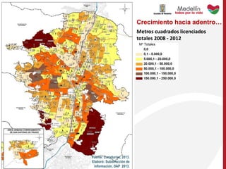 Fuente: Curadurías, 2013.
Elaboró: Subdirección de
información, DAP 2013.
Metros cuadrados licenciados
totales 2008 - 2012
Crecimiento hacia adentro…
 