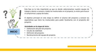 Esta fase es la más importante ya que es donde seleccionamos nuestro equipo de
trabajo y damos a conocer a todos los involucrados en el proyecto, la visión para buscar
el compromiso y apoyo de todos.
El objetivo principal en esta etapa es definir el alcance del proyecto y conocer las
expectativas que tiene los involucrados para poder focalizarlas con el propósito del
proyecto.
Actividades en la etapa de Inicio:
• Elaboración del plan de proyecto.
• Estudio de viabilidad.
• Definición del proyecto.
• Nombramiento del equipo de proyecto.
INICIO
 