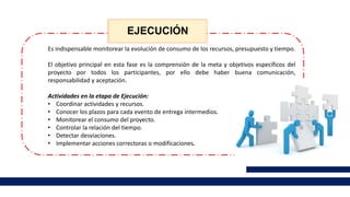 EJECUCIÓN
Es indispensable monitorear la evolución de consumo de los recursos, presupuesto y tiempo.
El objetivo principal en esta fase es la comprensión de la meta y objetivos específicos del
proyecto por todos los participantes, por ello debe haber buena comunicación,
responsabilidad y aceptación.
Actividades en la etapa de Ejecución:
• Coordinar actividades y recursos.
• Conocer los plazos para cada evento de entrega intermedios.
• Monitorear el consumo del proyecto.
• Controlar la relación del tiempo.
• Detectar desviaciones.
• Implementar acciones correctoras o modificaciones.
 